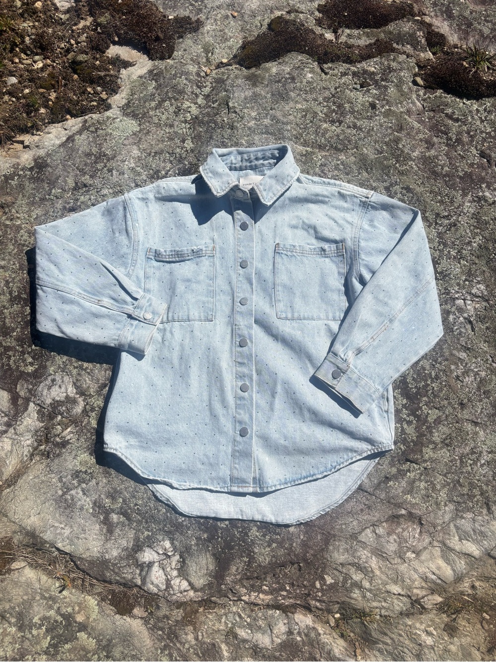 Habitual Light Blue Denim Shirt Jacket with rhinestone sparkle embellishment